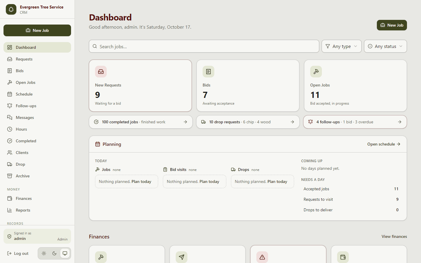 Evergreen CRM dashboard with new requests, bids awaiting acceptance, open jobs, and the day's planning