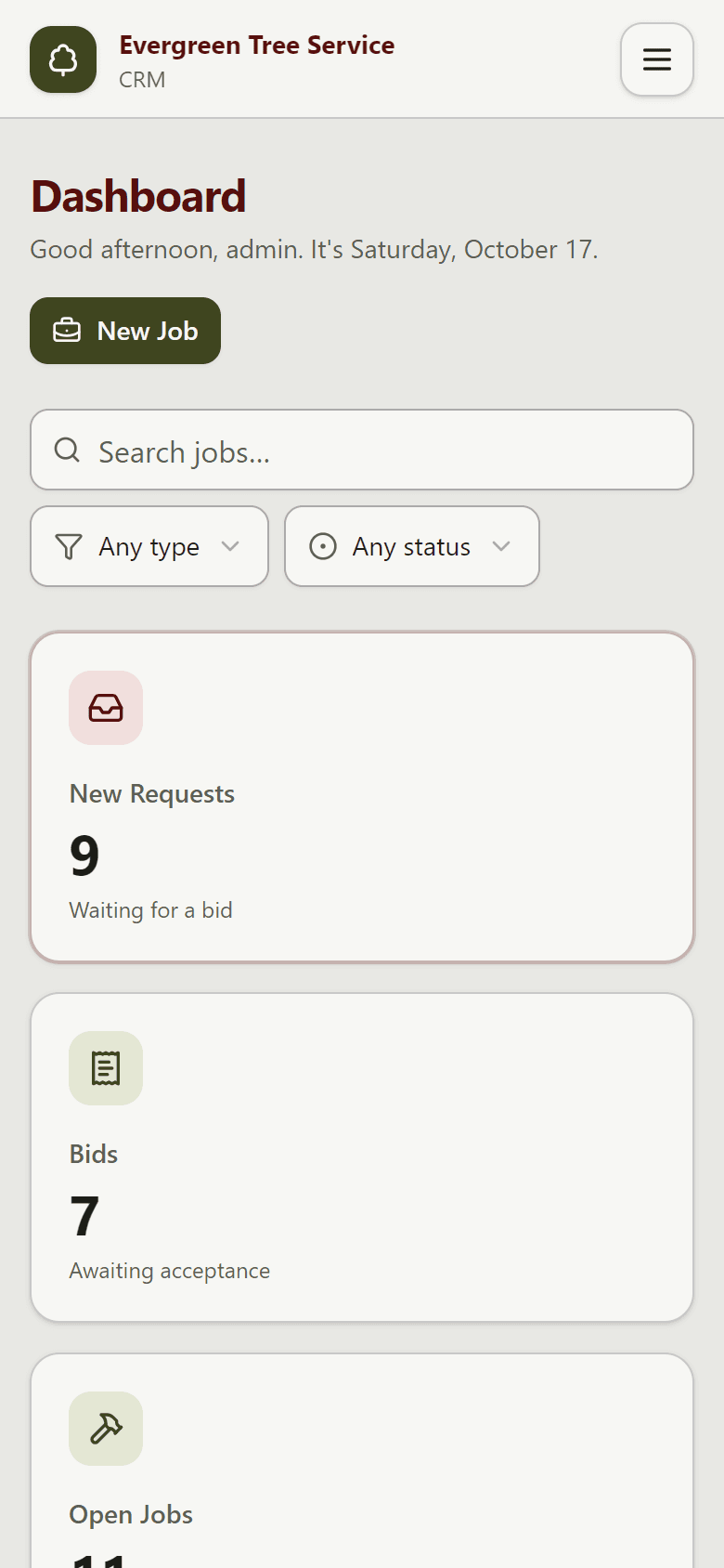 Evergreen CRM dashboard on a phone