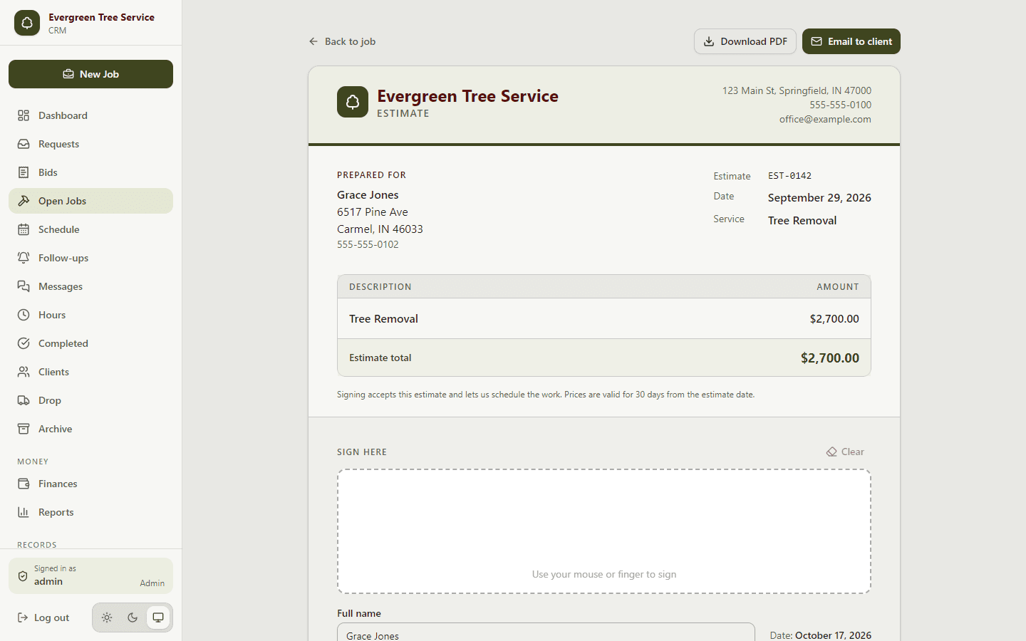 An estimate ready for the client to sign on screen, with Download PDF and Email to client buttons