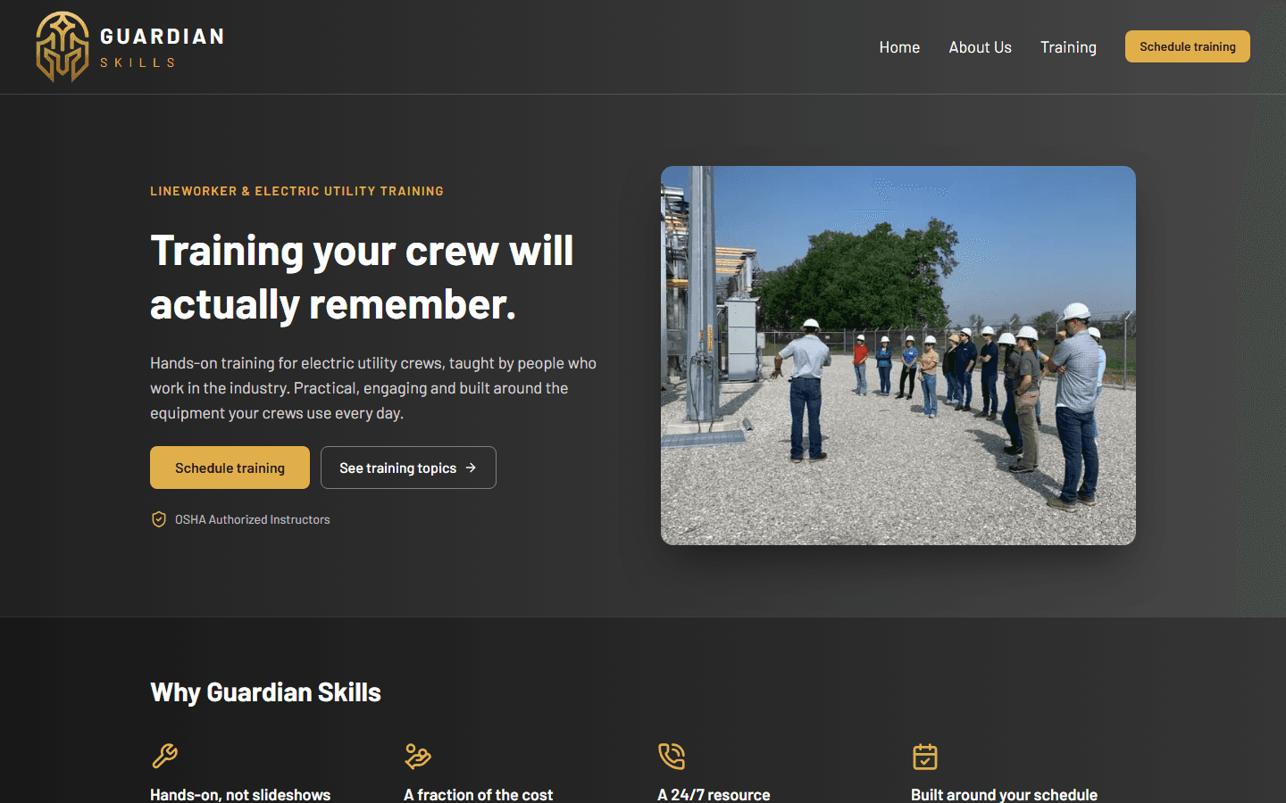 Guardian Skills home page with the headline and a photo of a substation training session