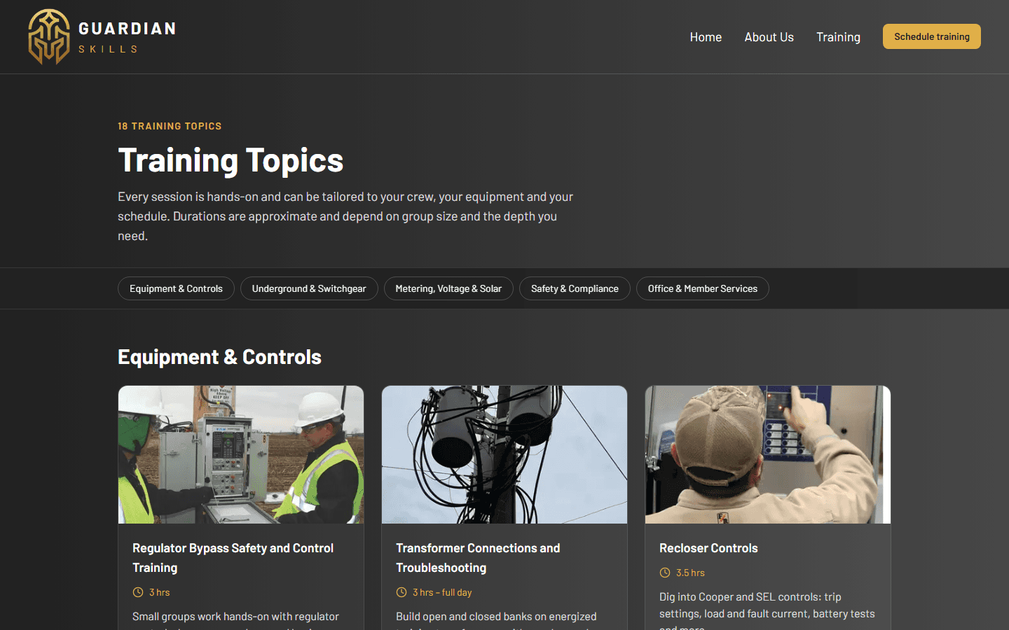 Training Topics page with category links and course cards