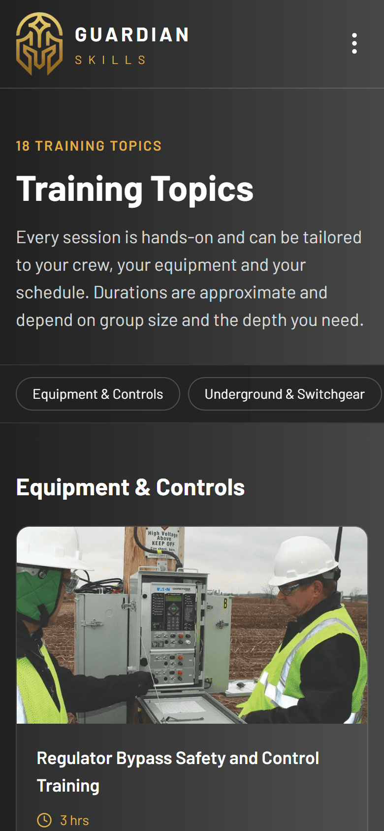 Training Topics page on a phone
