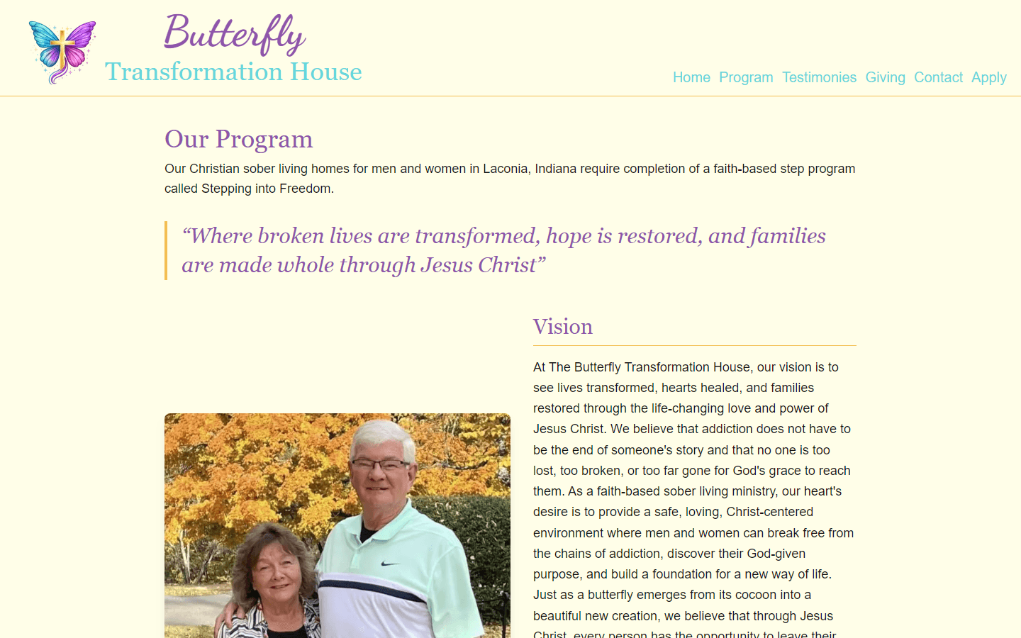 Our Program page introducing the Stepping into Freedom program and the ministry's vision